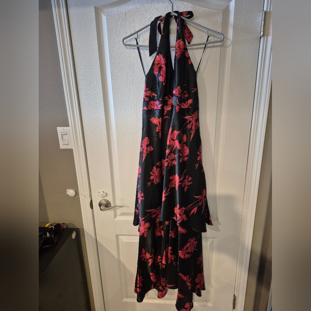 Floral Black and Pink Halter Dress